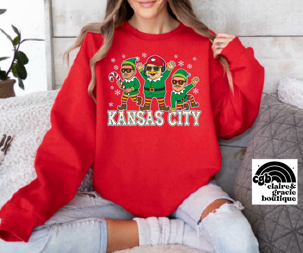 KC Mahomes Kelce Reid Elves tee or sweatshirt | RED