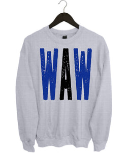 WAW Distressed Oversized Print Sweatshirt | Royal Blue/Red | Heather Grey