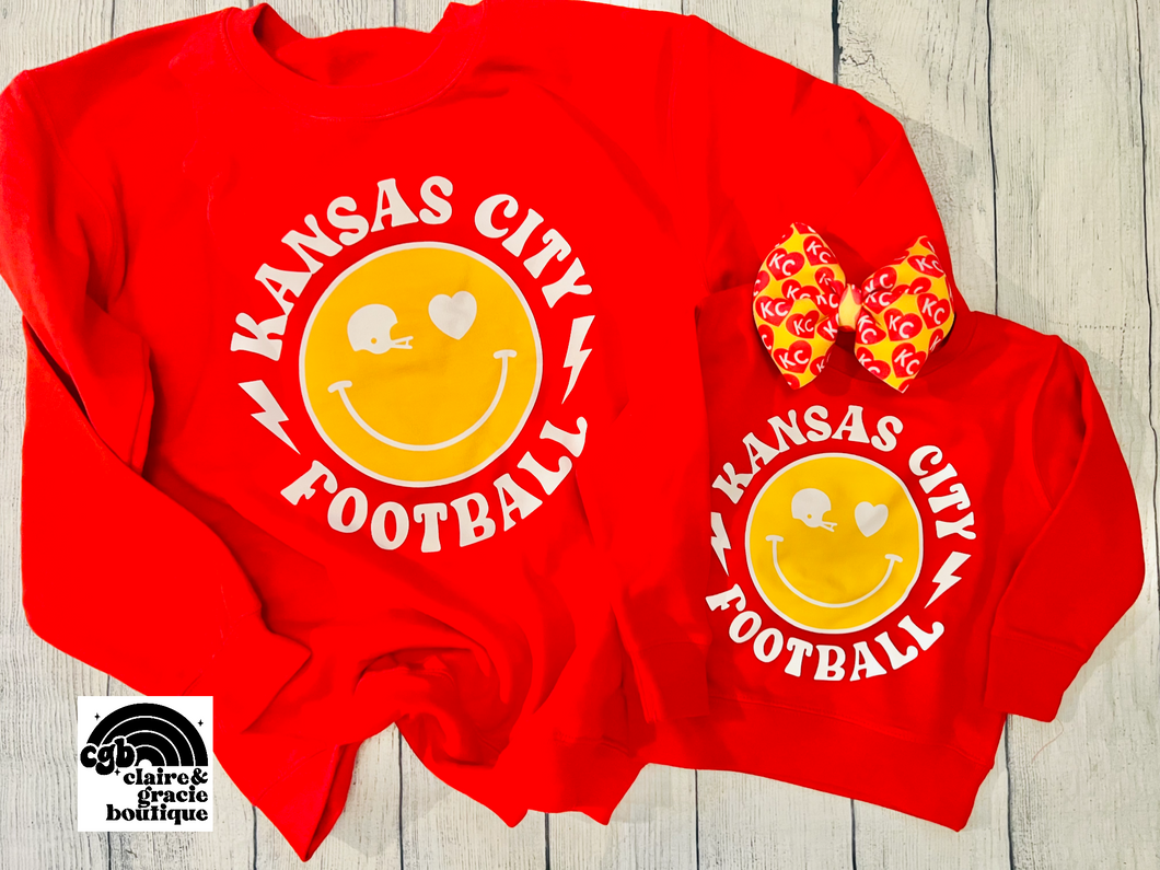 Kansas City Football Smiley Sweatshirt | Toddler Youth Adult | RED FRIDAY