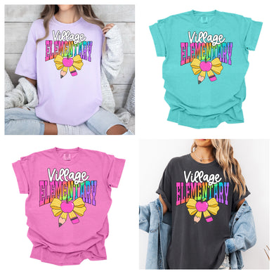 Village Elementary pencil rainbow bow tee | Choose your color