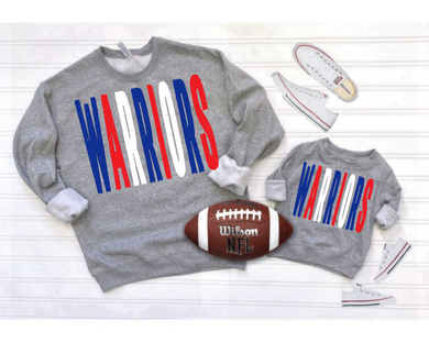 Warriors Distressed Oversized Print Sweatshirt | Royal Blue/Red | Heather Grey