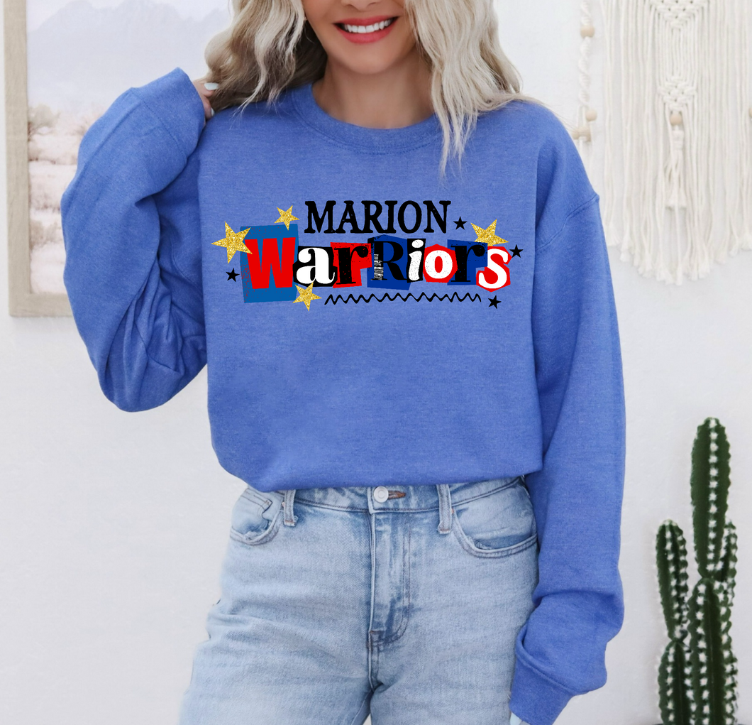 Marion Warriors 90s Retro Tee or Sweatshirt | royal blue/red/White
