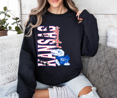 Kansas Vertical Distressed Oversized Print Sweatshirt | Red/Royal Blue | BLACK