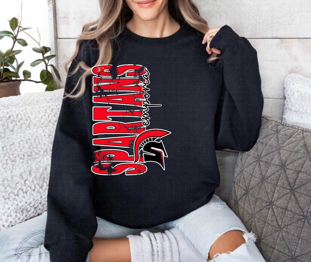 Emporia Spartans Vertical Distressed Oversized Print Sweatshirt | Red/Royal Blue | BLACK