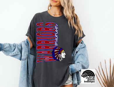 Marion Warriors Vertical Distressed Oversized Print Sweatshirt | Red/Royal Blue | dark heather grey