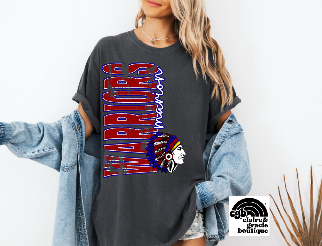 Marion Warriors Vertical Distressed Oversized Print Sweatshirt | Red/Royal Blue | dark heather grey