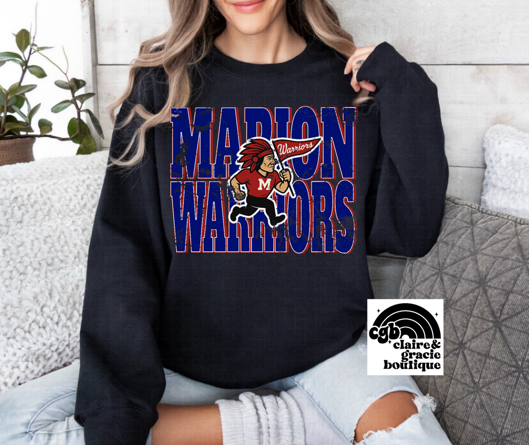 Marion Warriors Cartoon Distressed Oversized Print Sweatshirt | Red/Royal Blue | BLACK