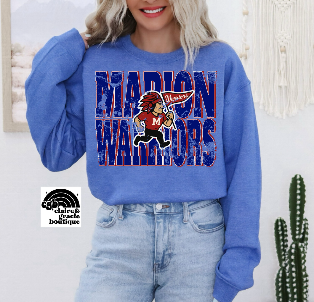 Marion Warriors Cartoon Tee or Sweatshirt | royal blue/red/White