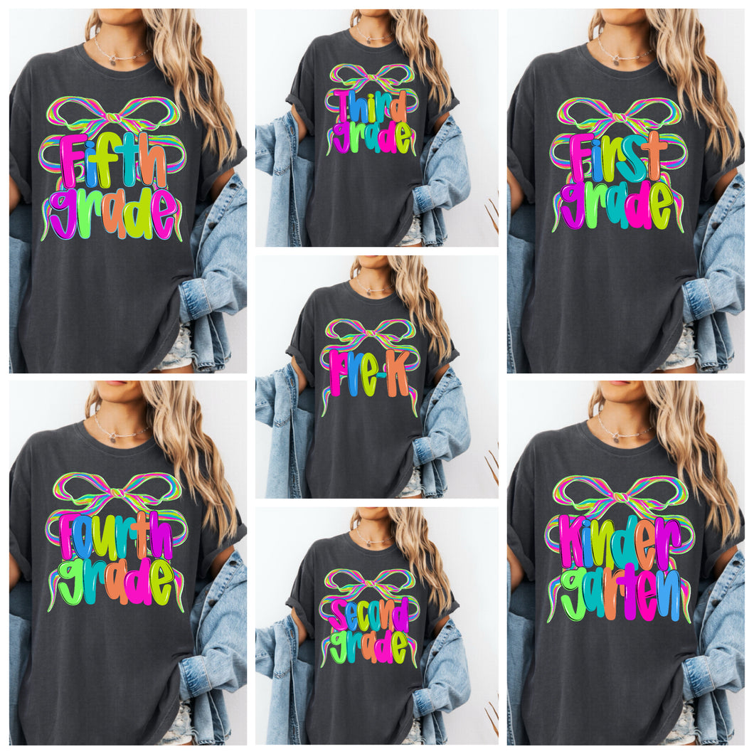 Back to school tee | Grade Level Neon Bow