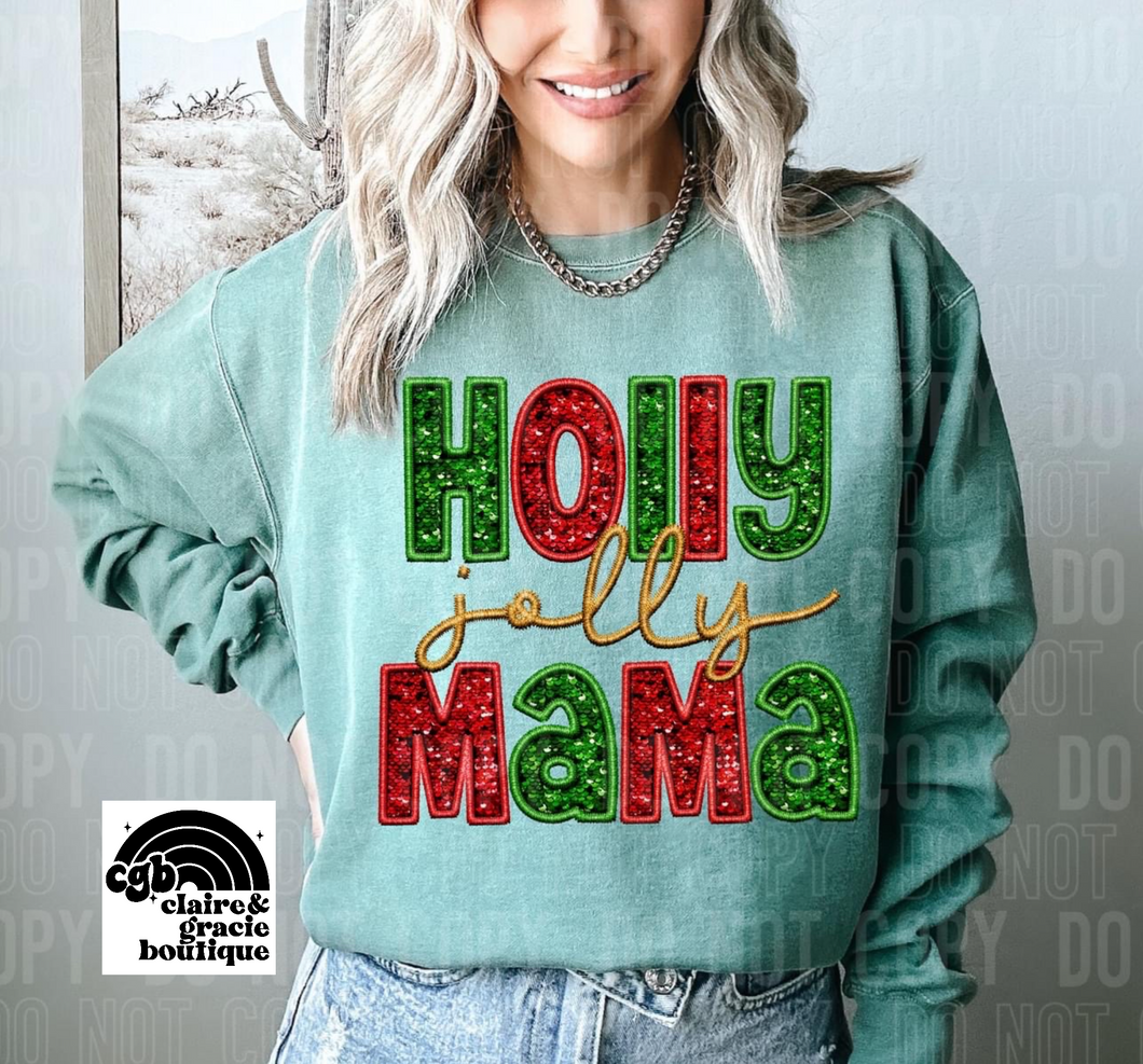 Holly Jolly Mama | Christmas | Faux Embroidery