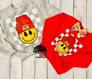 Checkered Smiley Kansas City Sweatshirt | Adult Youth Toddler | RED FRIDAY