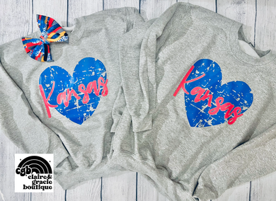 Kansas Distressed Heart Sweatshirt | RED BLUE | Toddler Youth Adult